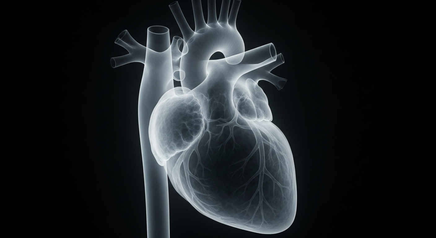 An extreme close-up X-ray photograph of a human heart, rendered in a ghostly, glowing translucent style that reveals the intricate internal structures of the vital organ.