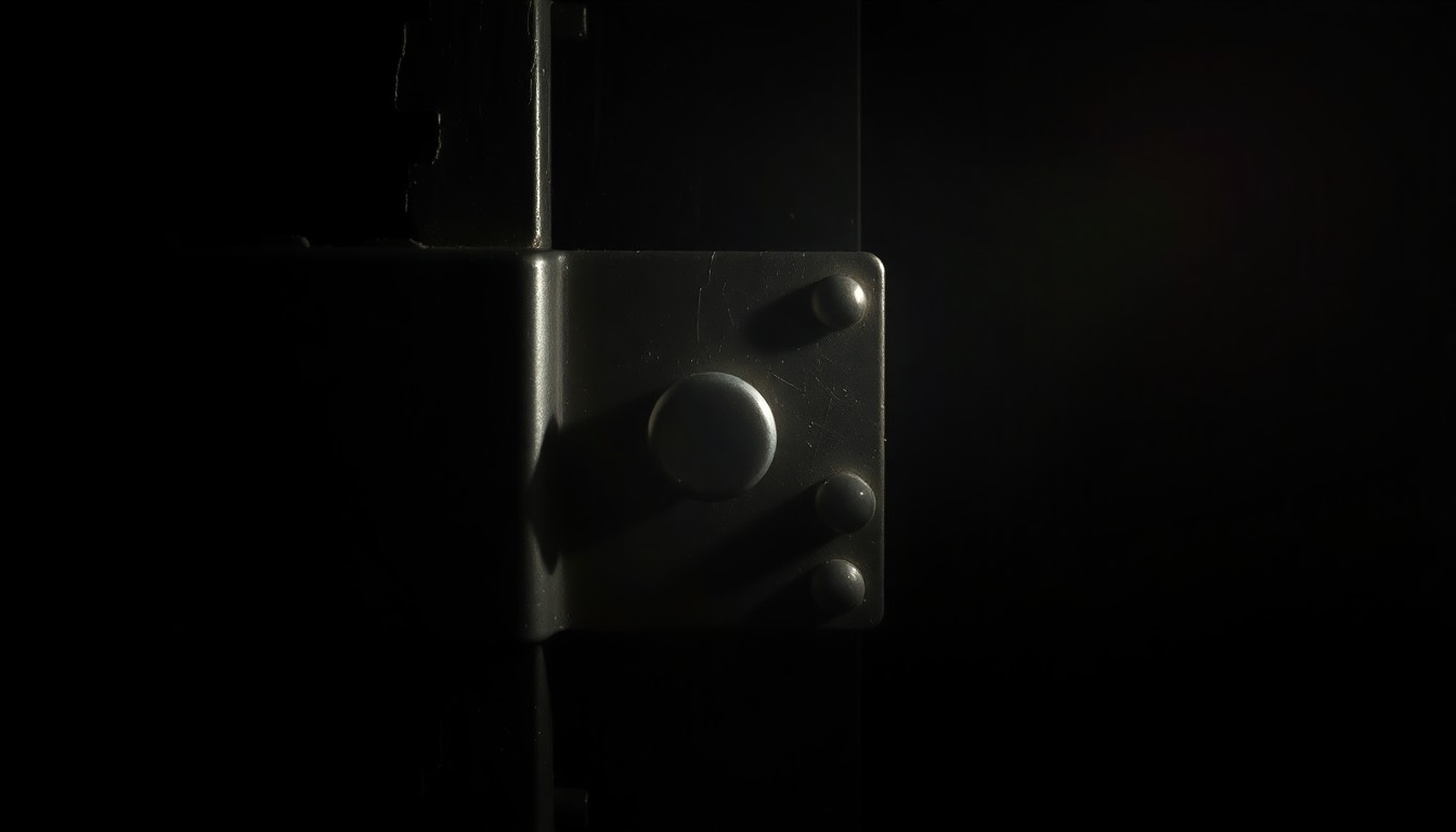 An extreme close-up of a prison cell door lock, with harsh shadows and dramatic lighting creating a stark, gritty aesthetic that conceptually represents the investigation into an inmate's death.