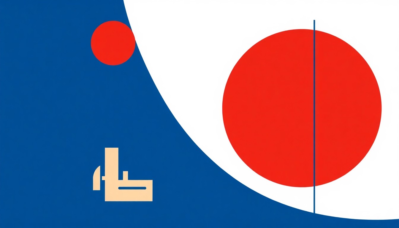 A geometric abstract illustration using bold shapes and primary colors to conceptually represent rising wholesale inflation driven by energy cost increases due to the Iran war.