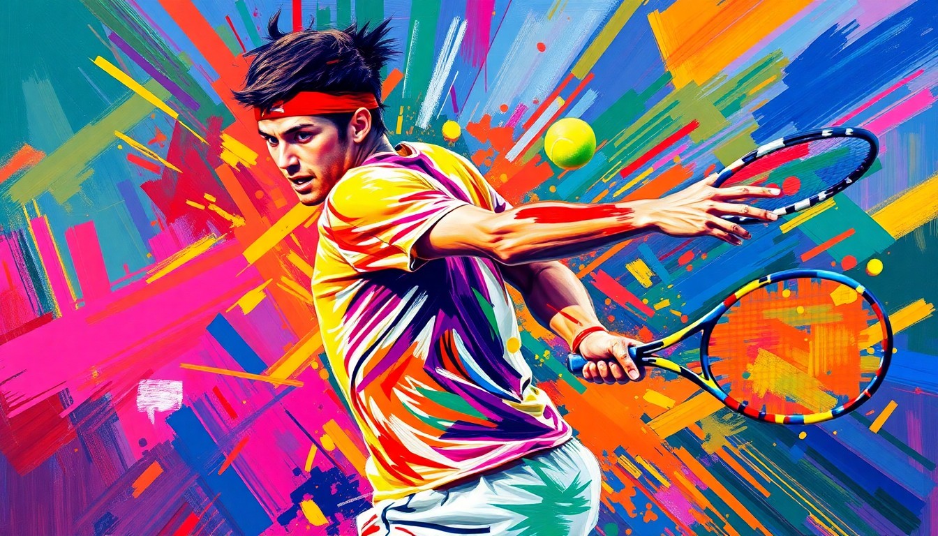 An abstract, expressionist painting featuring bold, neon-colored brushstrokes that capture the dynamic movement and energy of a tennis player in action, conveying the emotional complexity behind Sabalenka's recent success.