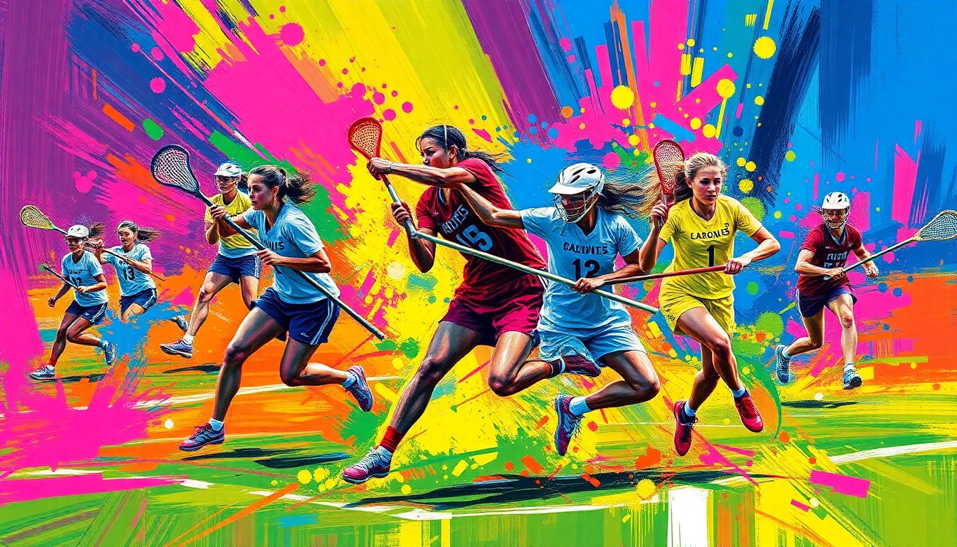 An abstract, expressionist painting in vibrant neon colors, with rapid brushstrokes capturing the intense movement and energy of a girls lacrosse game.