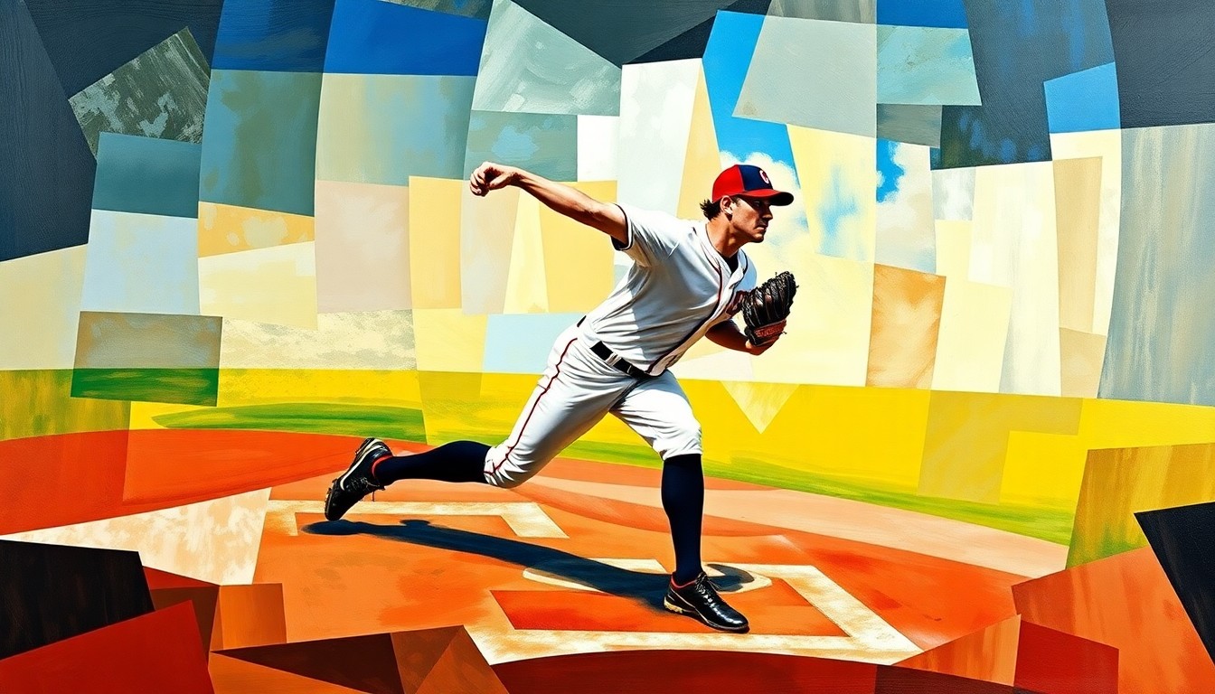 A fragmented, geometric painting depicting the motion of a baseball pitcher, with sharp planes and angles representing the nuances of roster decisions in the sport.
