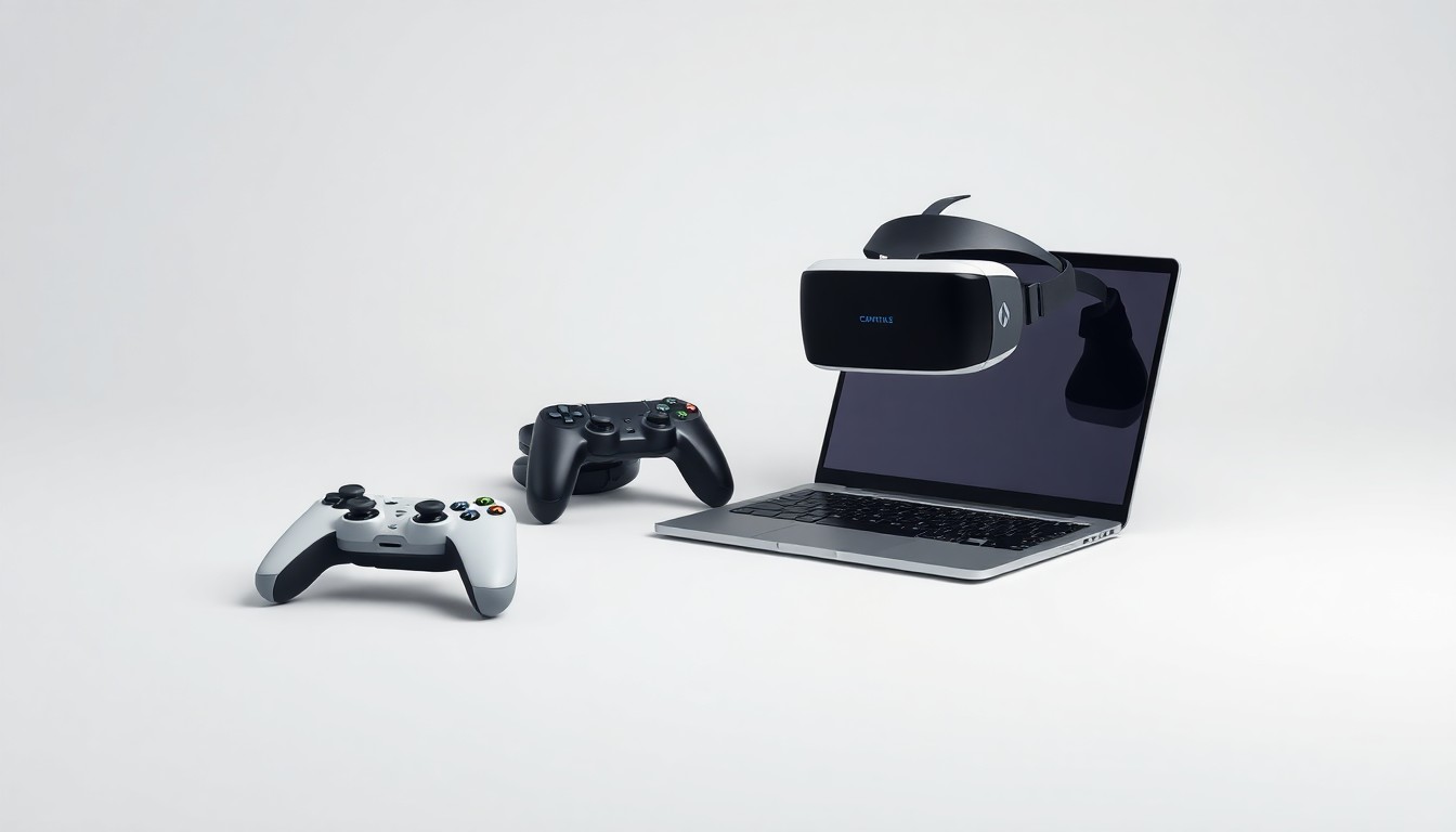 A high-end, photorealistic studio still-life photograph featuring a stack of gaming controllers, a virtual reality headset, and a sleek laptop computer arranged elegantly on a clean, monochromatic seamless background, conceptually representing the convergence of physical and digital gaming experiences.