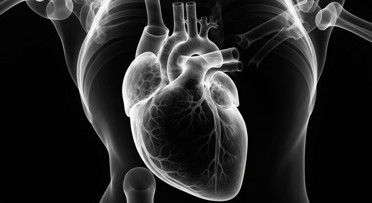 An extreme close-up X-ray photograph revealing the intricate internal structure of a human heart, glowing against a dark background and symbolizing the importance of heart health.
