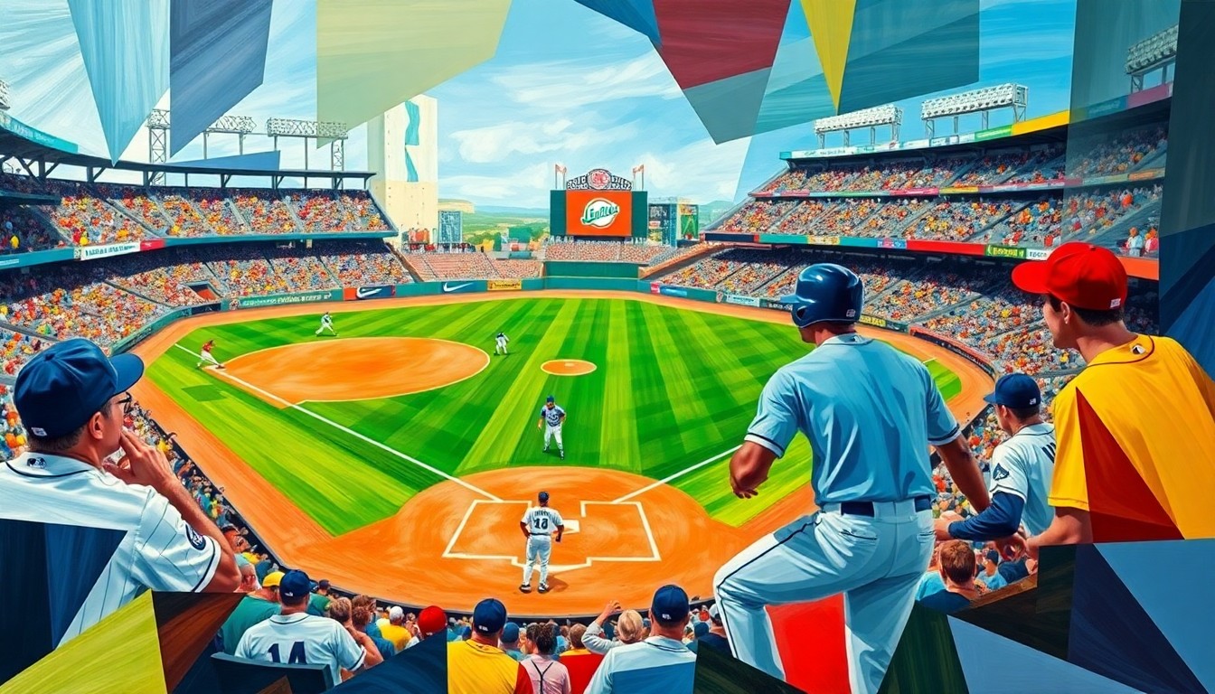 A fragmented, geometric painting depicting a baseball game, with sharp planes of color representing the players, field, and stadium. The artwork captures the dynamic motion and intensity of the matchup.