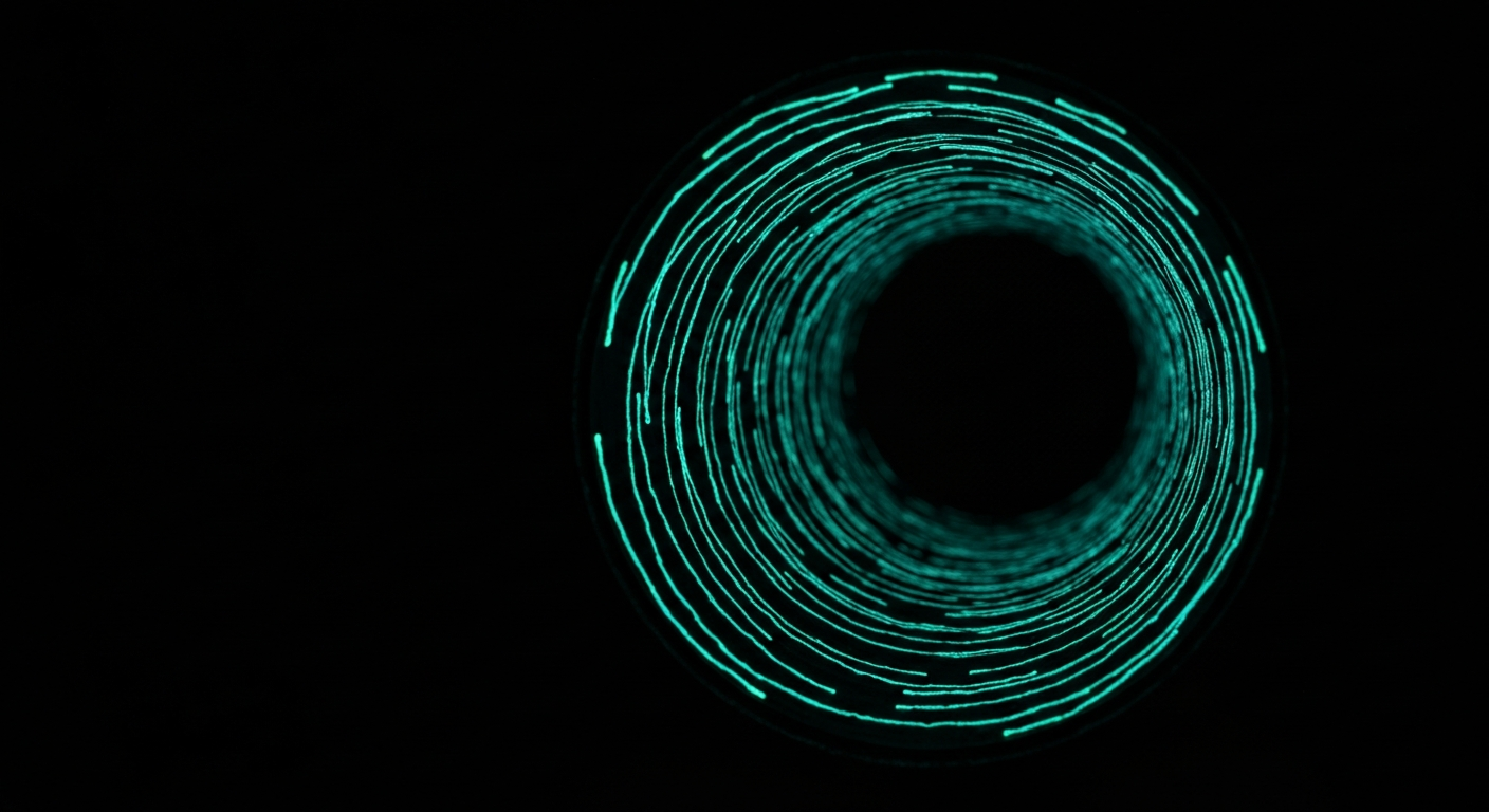An extreme close-up X-ray photograph of a sewage pipe, with its internal structures visible as glowing, ghostly lines against a dark background, conceptually illustrating the infrastructure issues causing the foul odor in the Dwyer Canal.