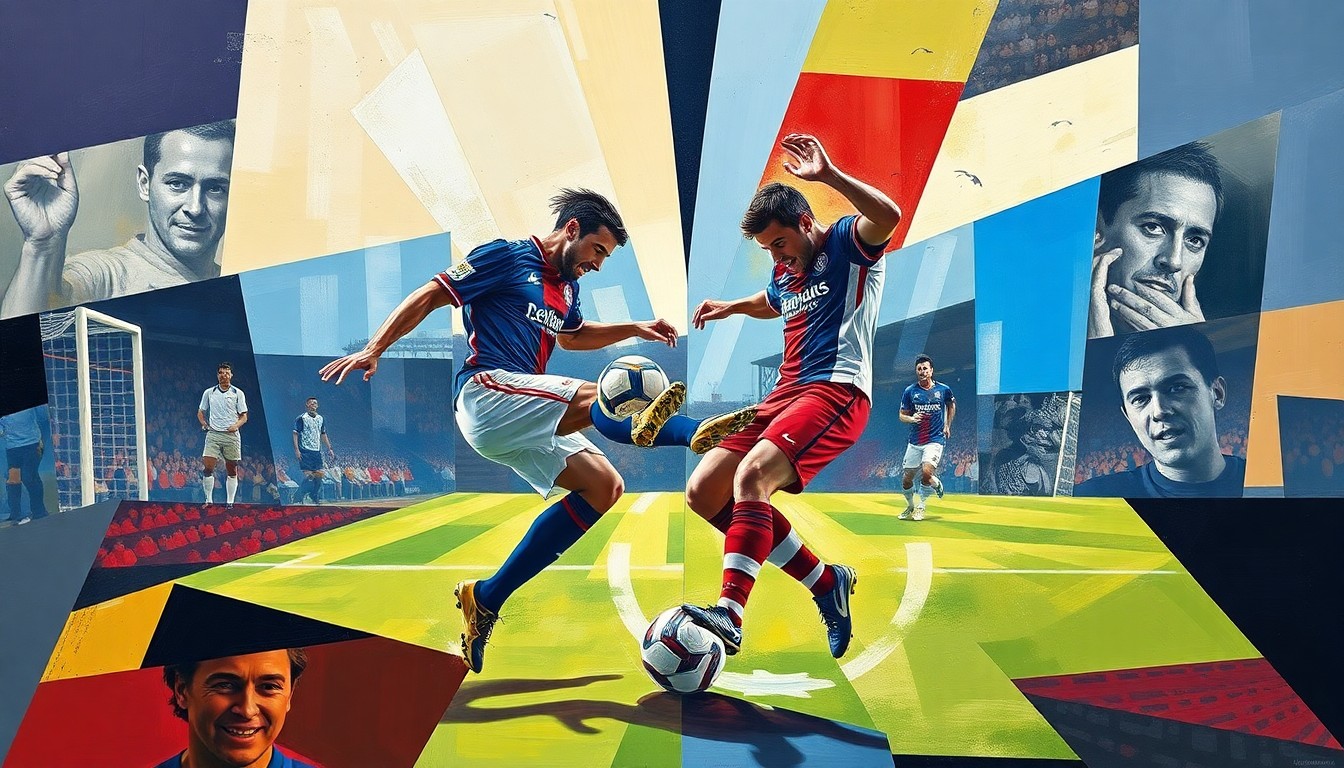 A fragmented, cubist-style painting depicting the intense action of a penalty kick shootout, with the players' forms broken down into sharp, overlapping shapes and planes of color.