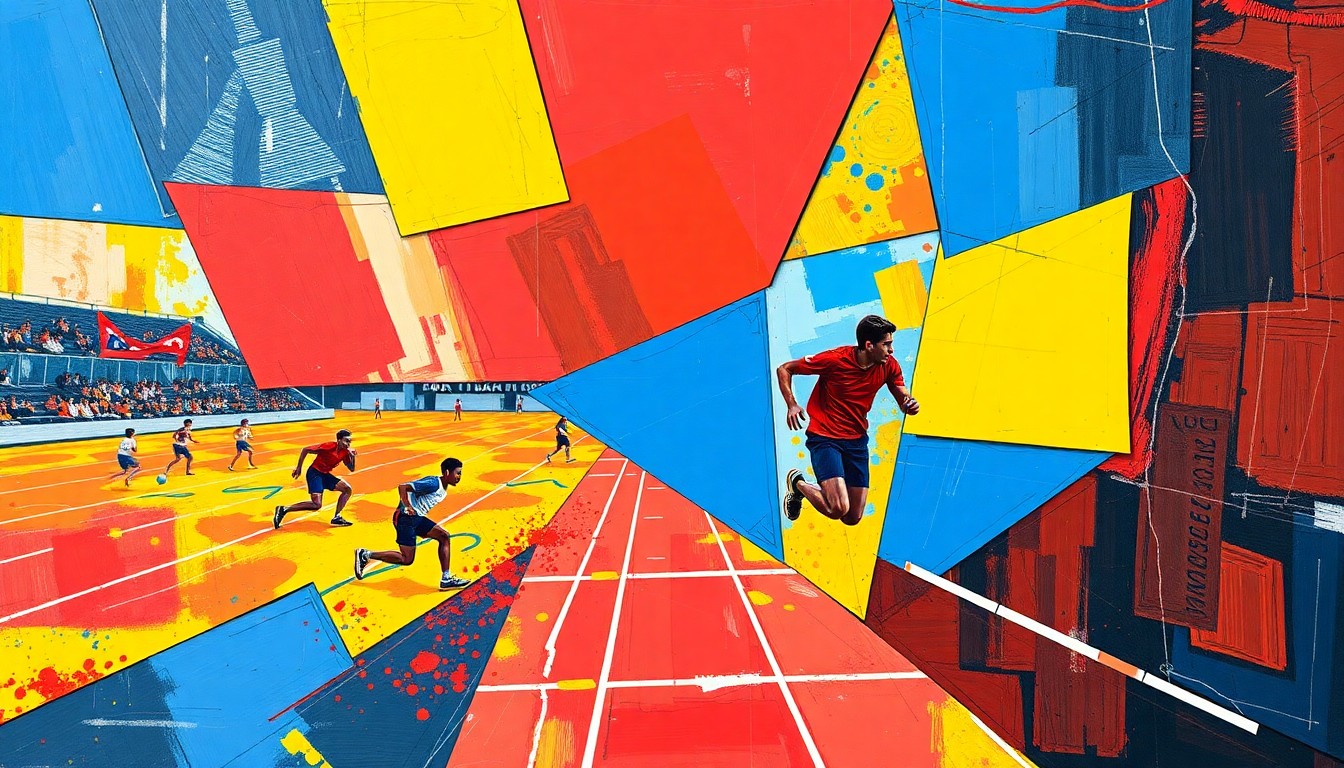 A fractured, multi-perspective painting in bold, geometric shapes and vibrant colors, capturing the energy and movement of a high school track and field competition.