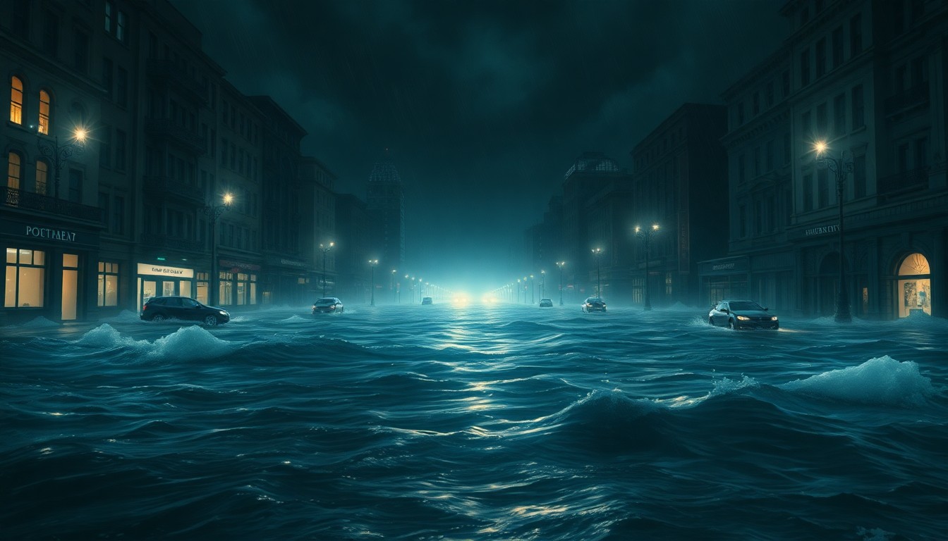 A dramatic, atmospheric landscape painting depicting a flooded urban street at night, with the streetlights and buildings barely visible through the swirling, turbulent floodwaters that dominate the scene, conveying the overwhelming, sublime scale of the natural disaster.