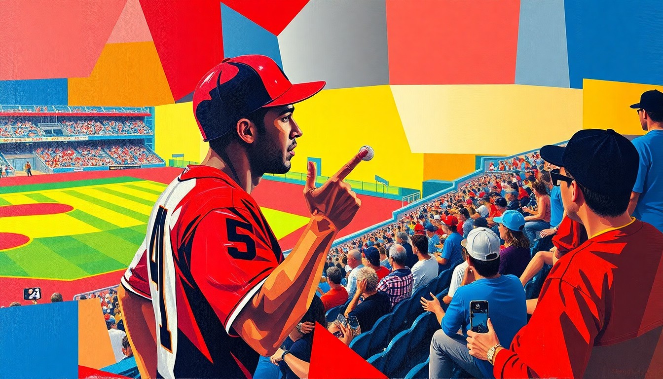 A cubist-style painting featuring sharp, overlapping geometric planes in red, blue, and yellow, depicting a baseball player in the act of flipping off a fan in the stands, capturing the raw emotions and confrontation between the two.