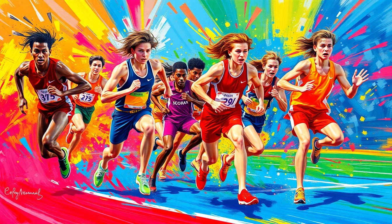 A dynamic, abstract painting in neon colors featuring blurred, energetic brushstrokes that capture the motion and intensity of high school track and field events.