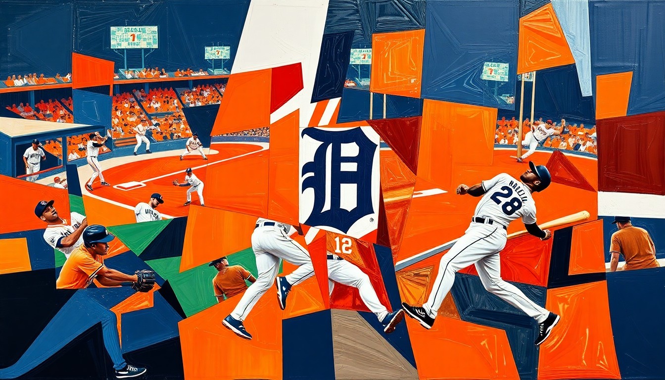A cubist, geometric painting depicting a fractured, multi-perspective view of a baseball game or action, using vibrant shades of orange, navy, and white to represent the Tigers' team colors and conceptually illustrate the team's approach to nurturing its top prospects.