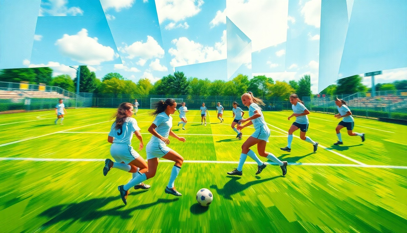 A fragmented, cubist-style painting depicting the motion and energy of a girls soccer game, with overlapping geometric shapes in bright green, white, and other colors representing the players and field.