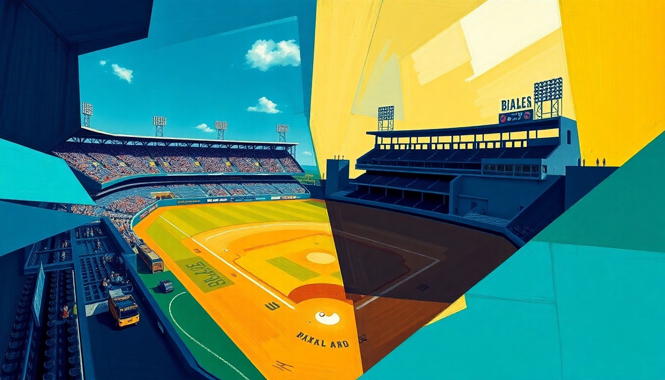 A cubist, geometric painting depicting a baseball game between Wake Forest and Coastal Carolina, with the players and field broken down into sharp, overlapping shapes and planes in the team's vibrant colors.