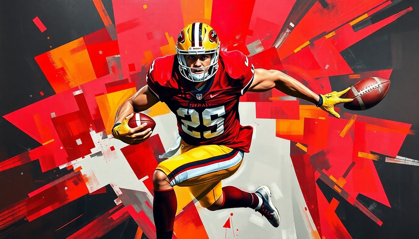 A cubist-style painting depicting a football player in motion, with their body broken down into sharp, overlapping geometric shapes in the colors of the Texas Tech Red Raiders.