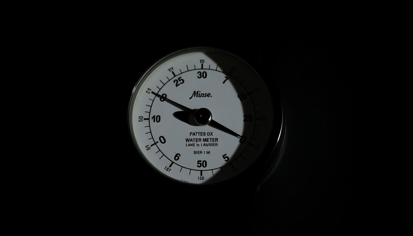 An extreme close-up photograph of a water meter dial against a pitch-black background, lit by a harsh, direct camera flash, conceptually illustrating the threat of utility shutoffs that scammers are using to exploit vulnerable residents.