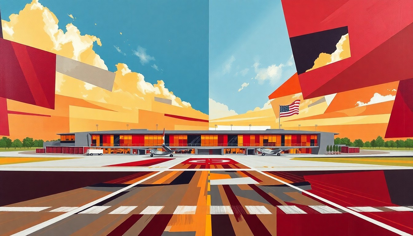 A cubist, geometric painting in the colors of the Florida State Seminoles, with overlapping planes and shapes representing the Tallahassee airport terminal and runway in an abstract, deconstructed style.