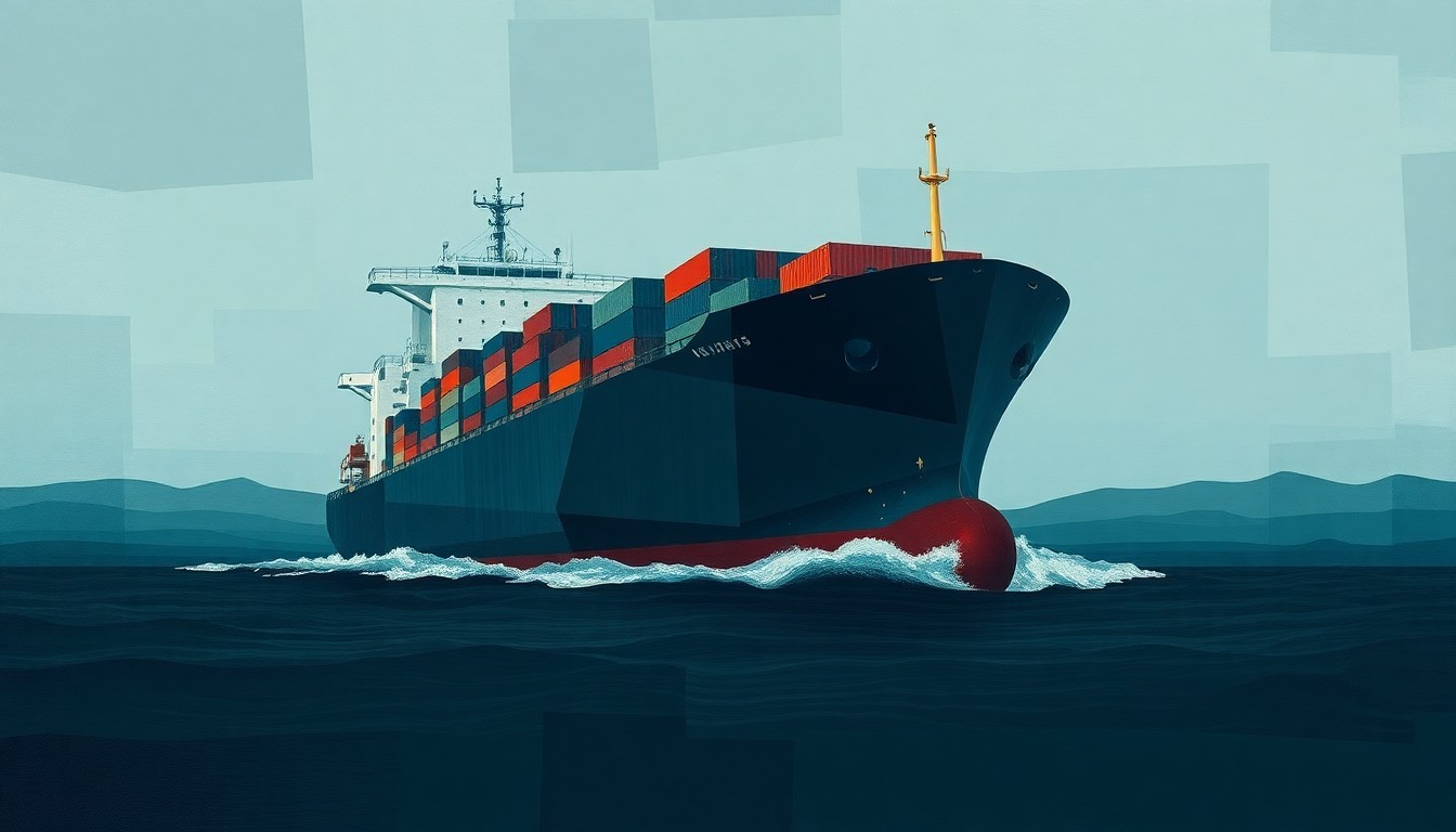 A dynamic, fragmented painting depicting a cargo ship in the Strait of Hormuz, its hull and superstructure repeated in overlapping geometric waves of color, conveying the disruption and instability caused by the U.S. naval blockade of Iranian ports.
