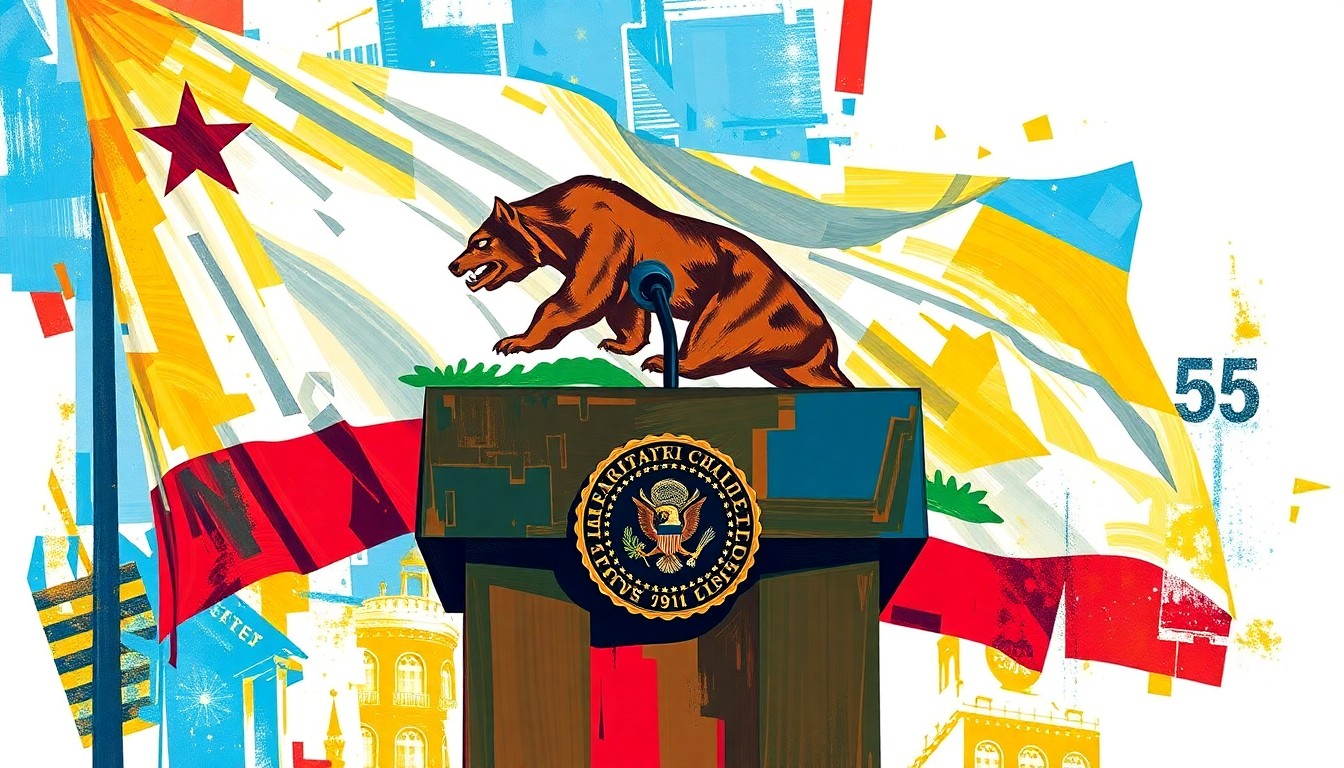 A vibrant, abstract painting depicting a podium with the California state flag in the background, rendered in a fractured, geometric style with overlapping shapes and bold colors, conceptually representing the dynamic political landscape of the California governor's race.