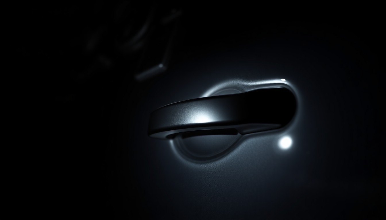 An extreme close-up photograph of a car door handle, lit by a harsh, direct camera flash against a pitch-black background, conveying a stark, gritty, investigative aesthetic around a crime-related object.
