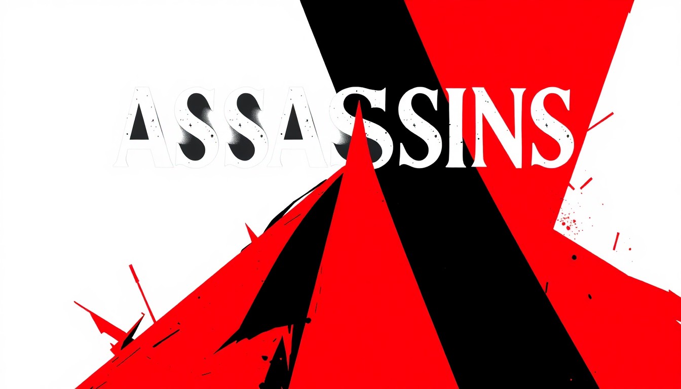 A striking, minimalist composition of jagged black silhouettes and bold red shapes, abstractly representing the dark comedy and theatrical storytelling of the Assassins musical.