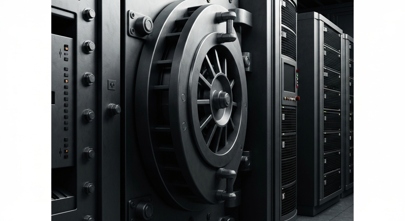 A close-up, high-contrast image of heavy, industrial banking machinery and infrastructure, conveying a sense of institutional power and the tangible mechanics of the financial system.