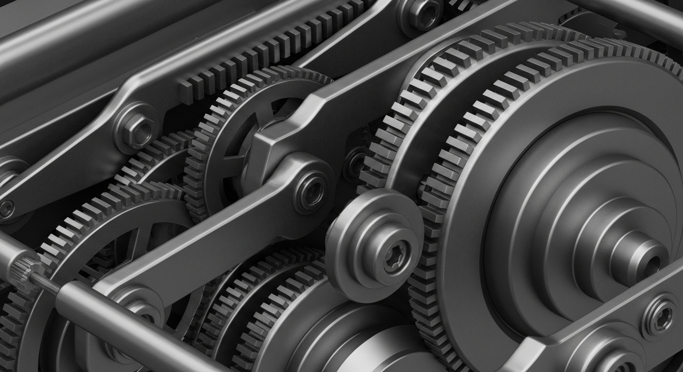 An extreme close-up of industrial machinery and mechanical components in shades of steel gray, conceptually representing the complex financial infrastructure and operations of the pharmaceutical industry.