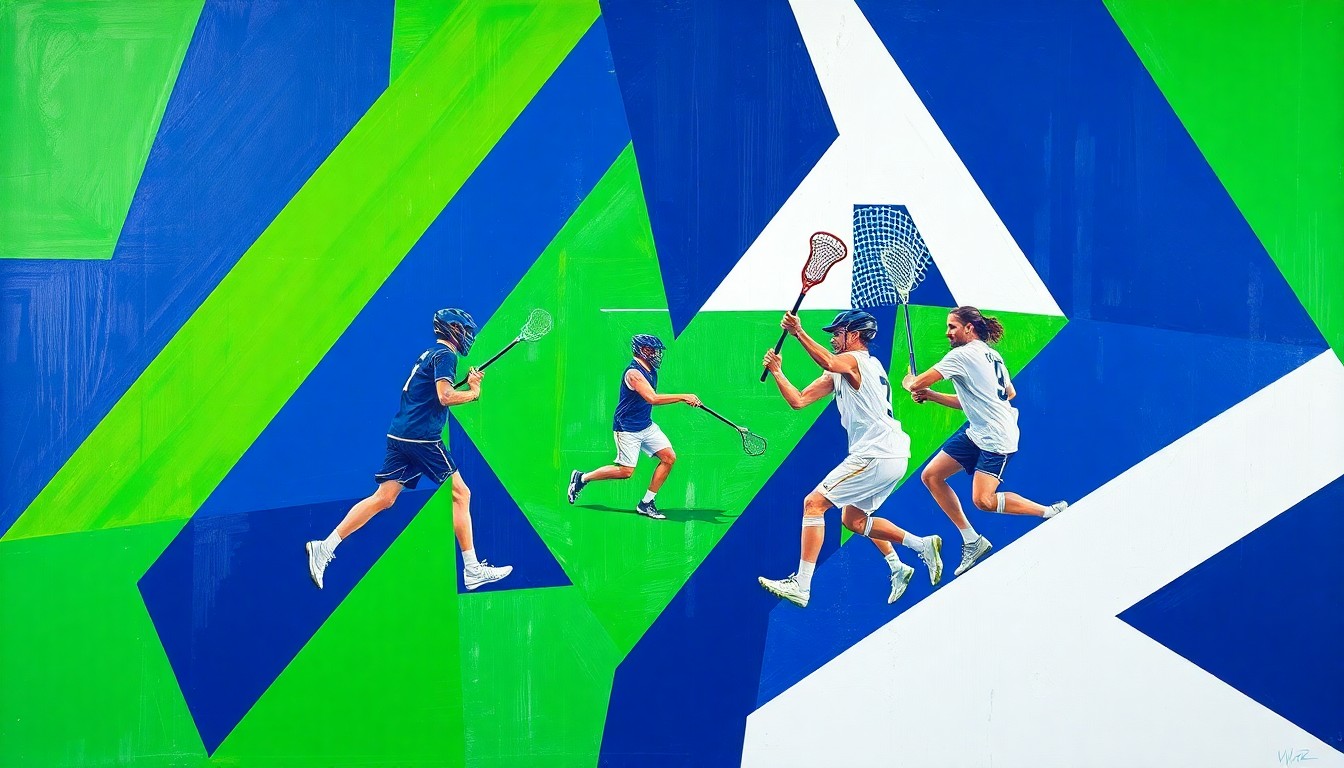 A fragmented, geometric painting depicting the dynamic movements and physical intensity of a boys lacrosse match, with overlapping planes of green, blue, and white representing the players, field, and equipment.