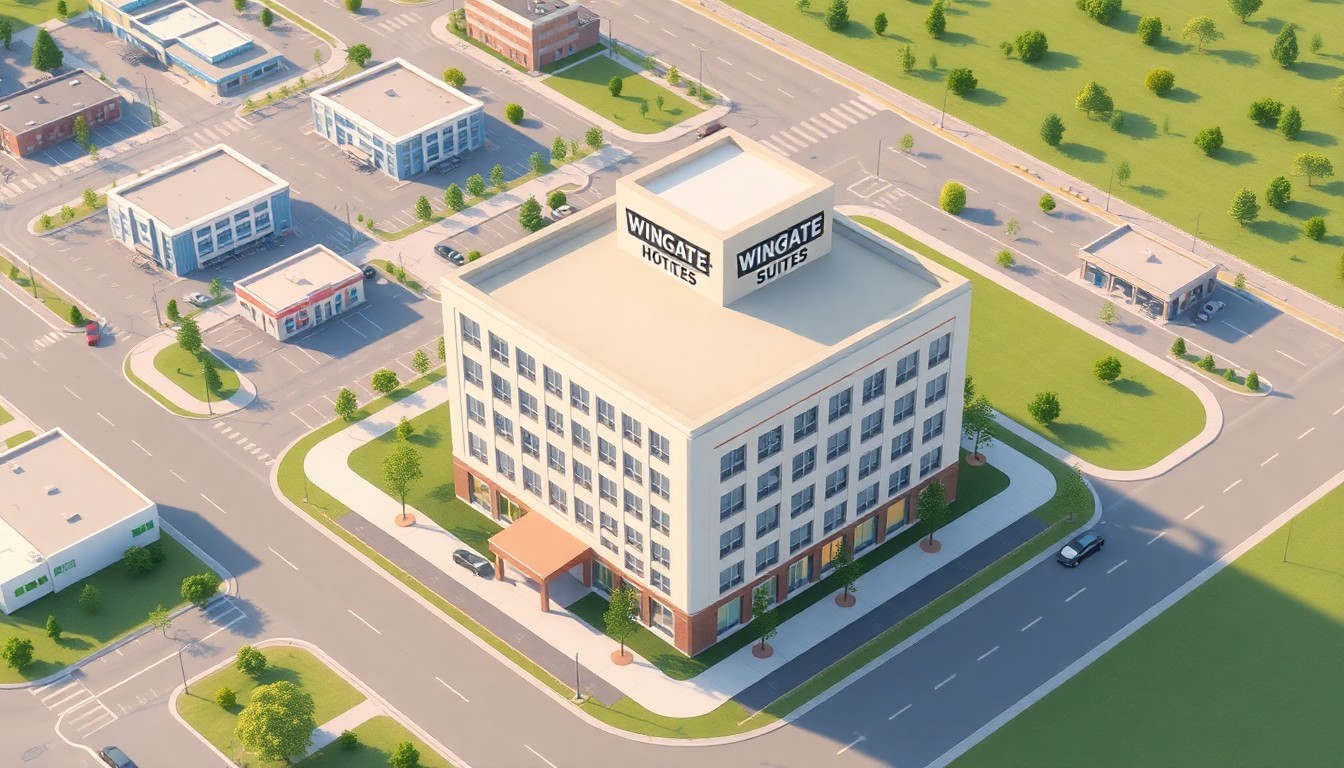 A stylized, isometric 3D illustration depicting a modern, pastel-colored hotel building with Wingate and Hawthorn Suites branding, set within a larger master-planned development landscape with other commercial structures, roads, and greenery.