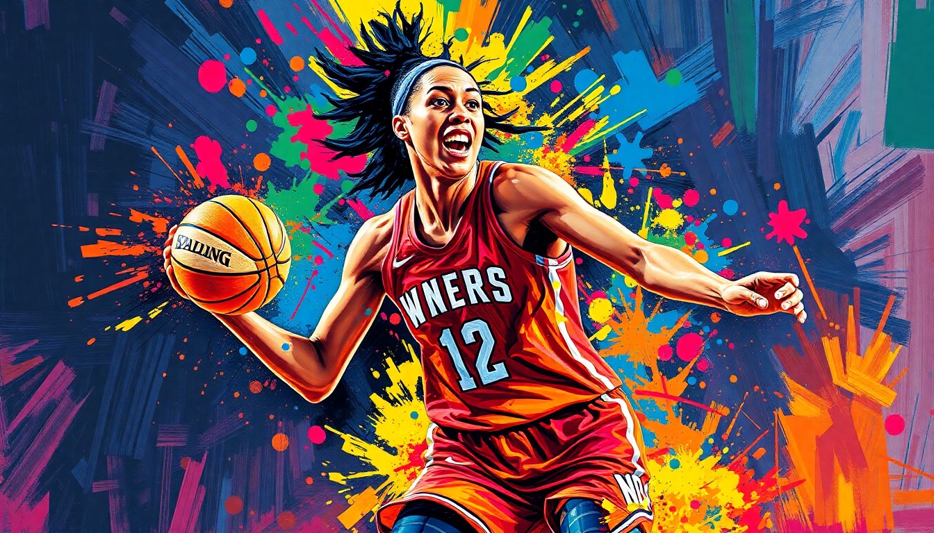 An abstract, expressionist painting featuring bold, neon-colored brushstrokes that capture the dynamic movement and raw athleticism of a basketball player driving to the hoop, with their face and jersey details dissolving into a vibrant, energetic composition.