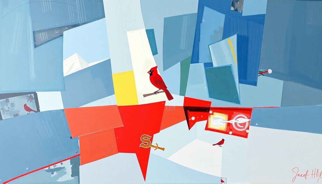 A fractured, geometric painting in shades of red, blue, and yellow, breaking down the actions and movements of a baseball game into sharp, overlapping planes, conceptually representing the energy and dynamism of the Cardinals' minor league roster transactions.
