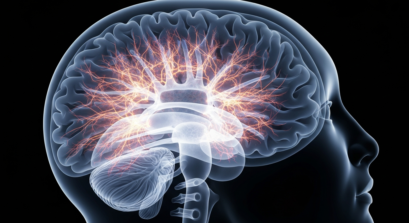 A translucent, ghostly X-ray image revealing the intricate neural structures of the human brain, conceptually representing the importance of comprehensive mental health care.