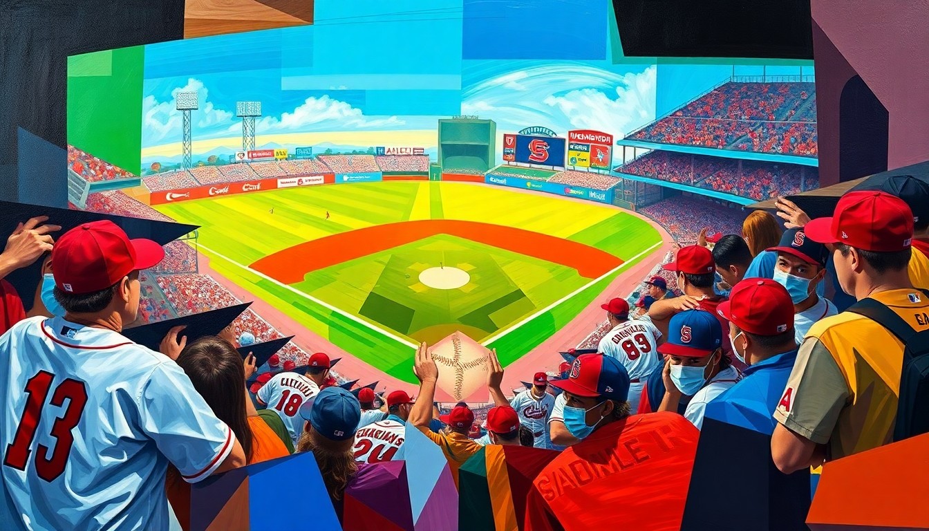 A fractured, geometric painting in bold primary colors, depicting the dynamic motion and competing forces of a baseball game, without any recognizable players or logos.