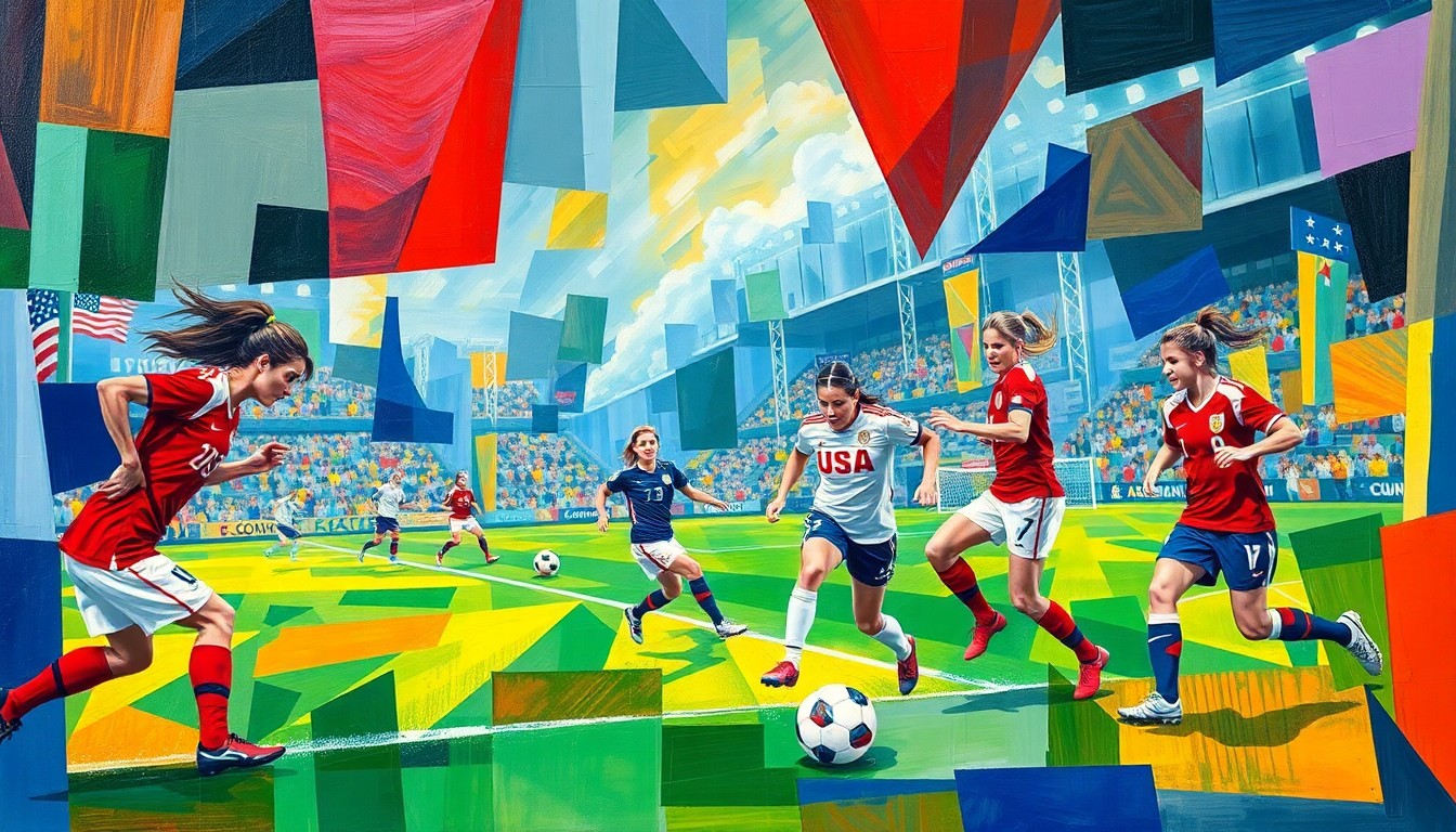 A fragmented, geometric painting in vibrant colors capturing the energy and movement of a women's soccer match, with the players and field abstracted into sharp, overlapping planes.