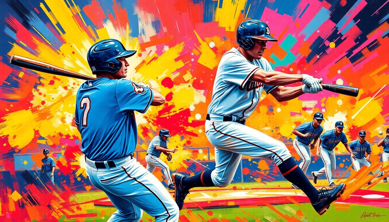 A dynamic, colorful painting with bold, expressive brushstrokes capturing the intensity and energy of a high school baseball game, with players and action dissolving into abstract forms.