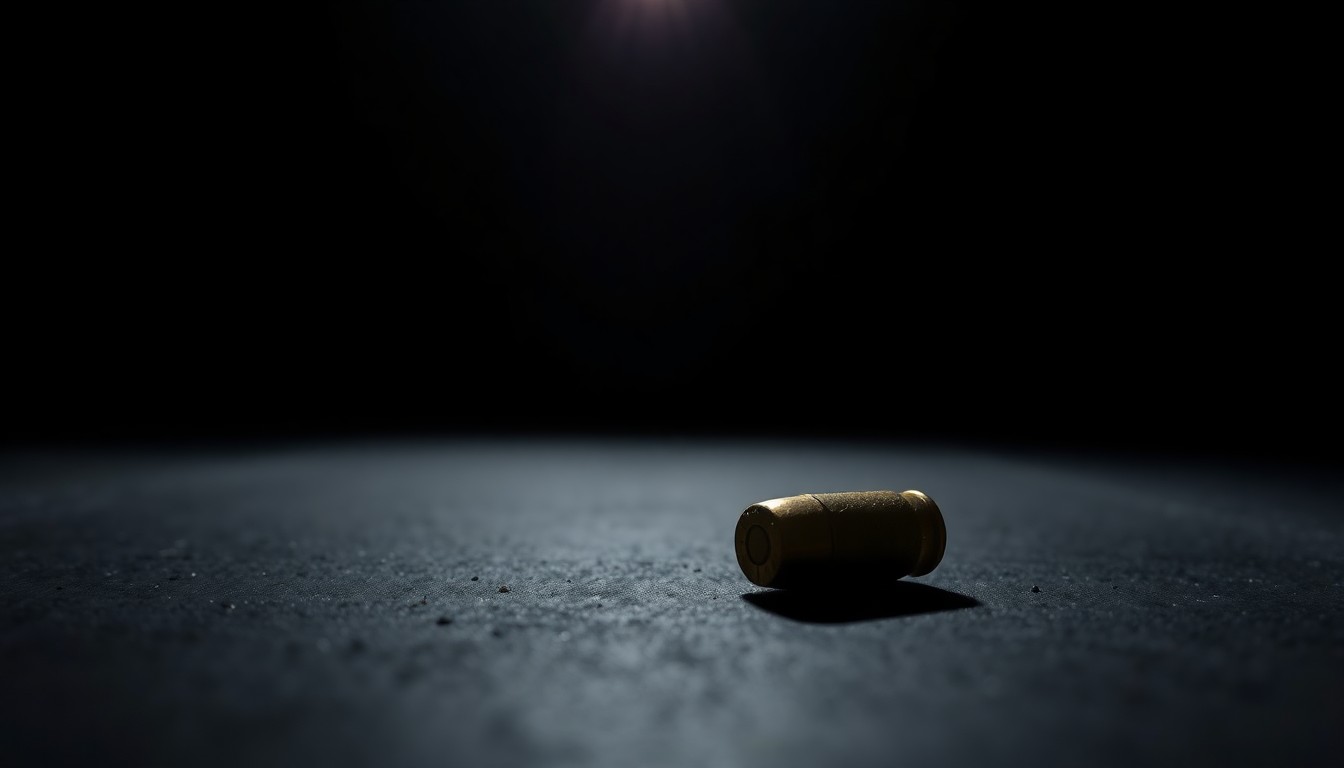 An extreme close-up photograph of a single bullet casing on a dark surface, lit by a harsh, direct camera flash, conceptually representing the investigation of a violent crime.