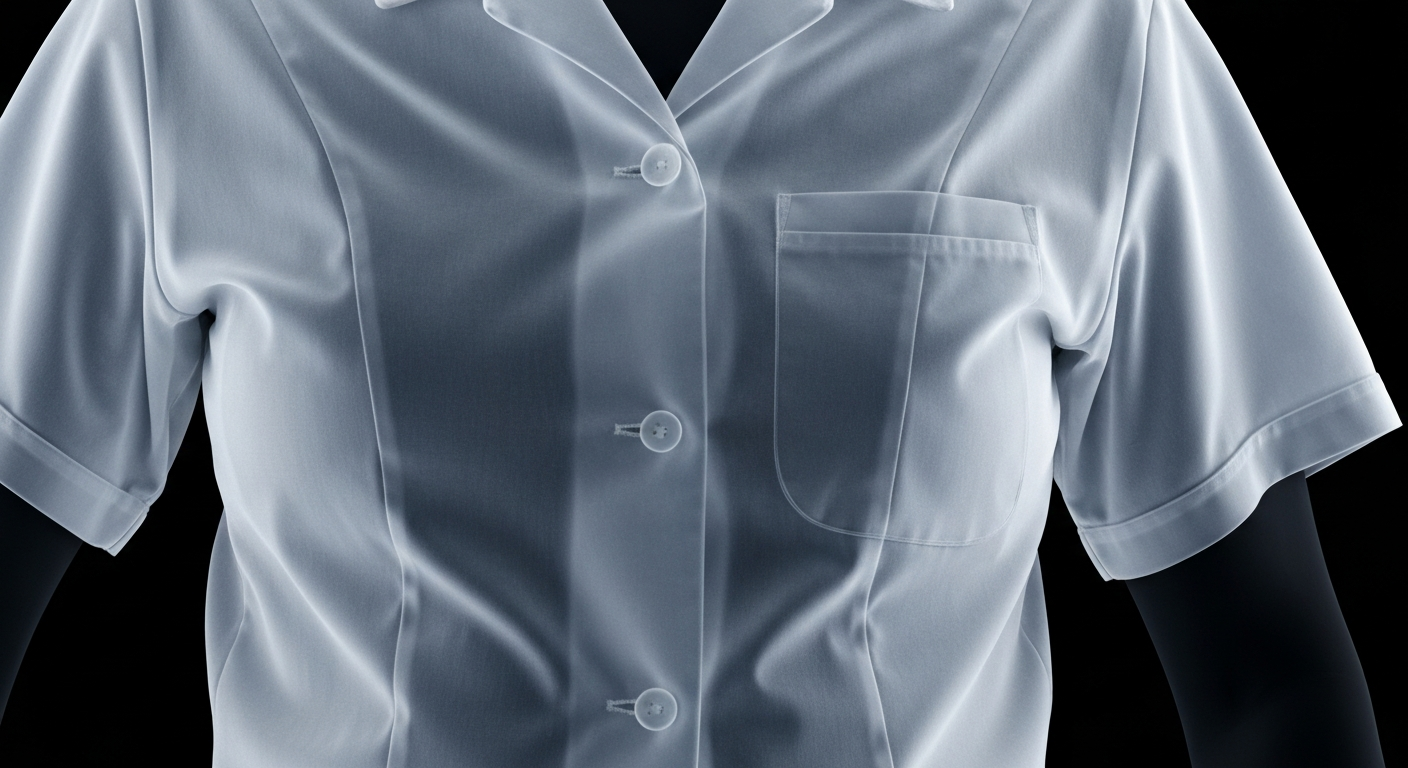 A ghostly, translucent X-ray photograph revealing the intricate structure of a nurse's uniform, with the fabric and buttons glowing against a dark background, conceptually representing the dedication and inner strength of healthcare workers.