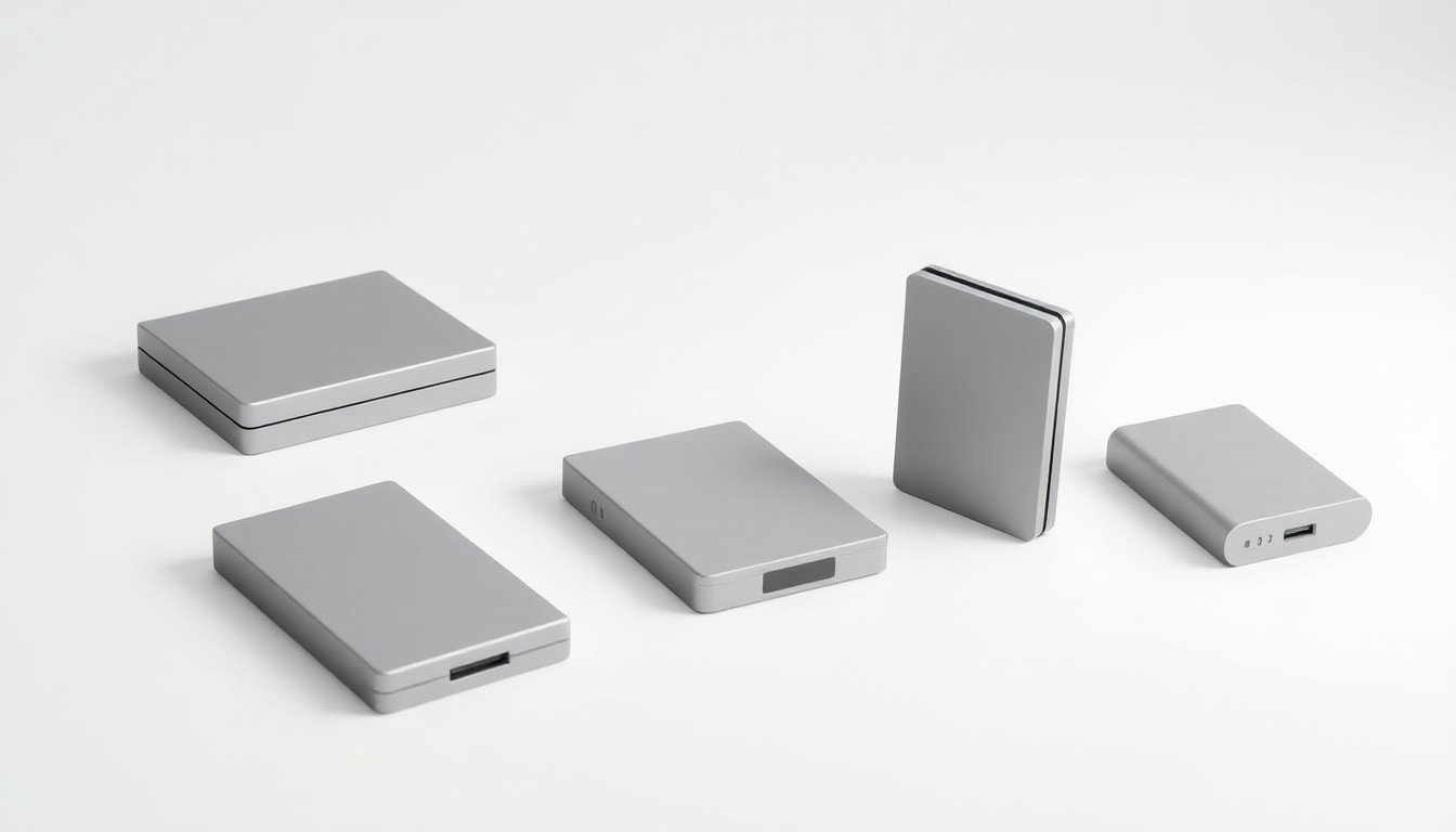 A clean, minimalist studio photograph featuring a group of sleek, geometric data storage devices in muted shades of grey and silver, arranged elegantly on a plain white background, conveying a sense of modern technology and innovation, yet also a feeling of uncertainty and hesitation.