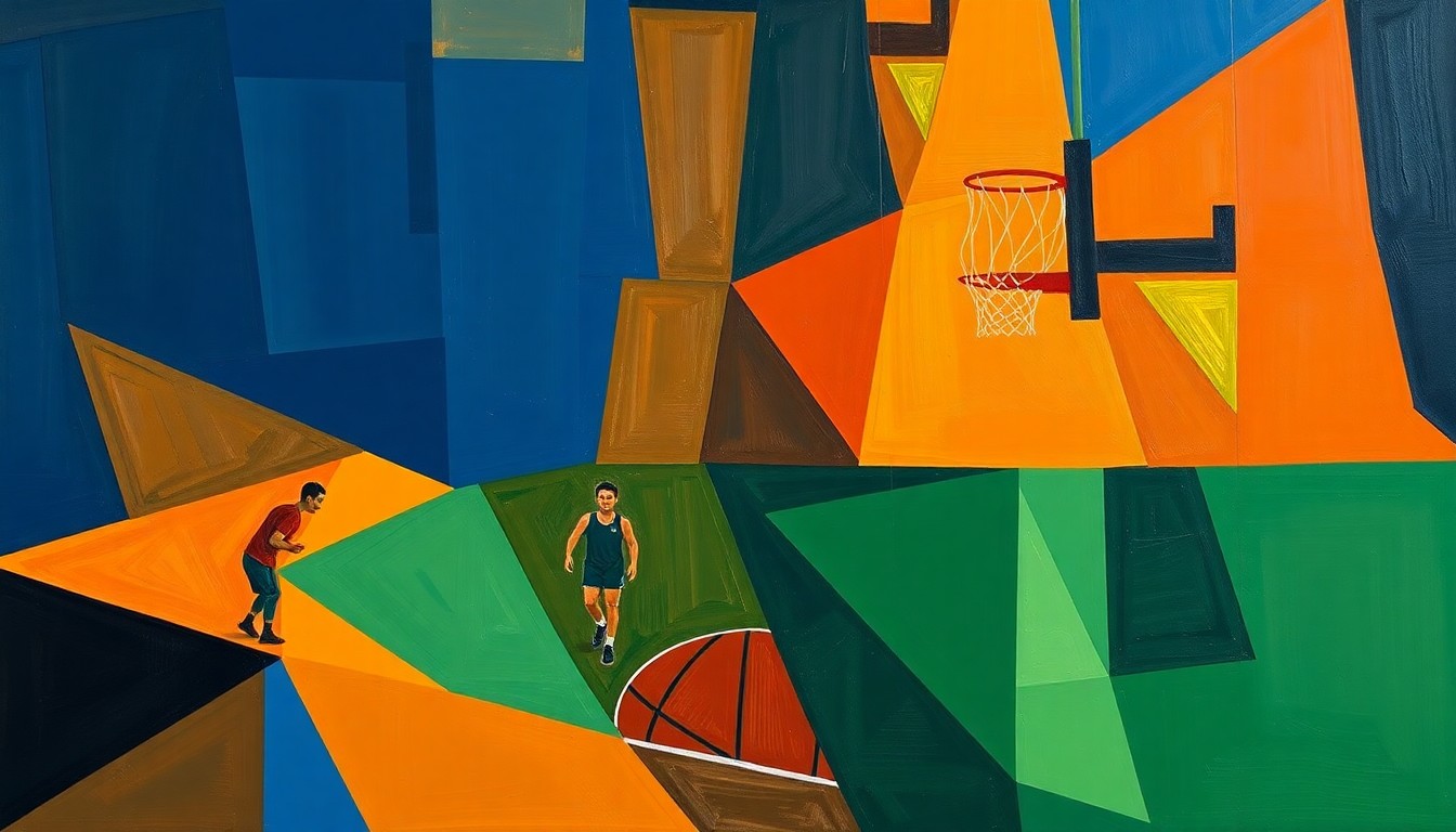 A cubist, geometric painting depicting fragmented basketball players and court elements in a dynamic composition of sharp, overlapping shapes in navy, orange, and green, conveying the energy and potential of the Memphis Tigers' revamped lineup.