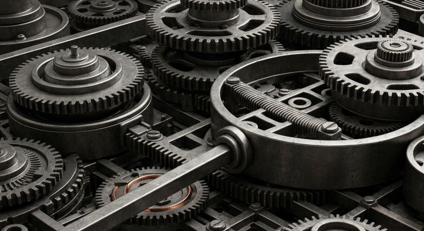 An extreme close-up of the intricate, industrial machinery and mechanisms of a banking system, representing the complex financial infrastructure and institutional power behind the drop in short interest for this SPAC.