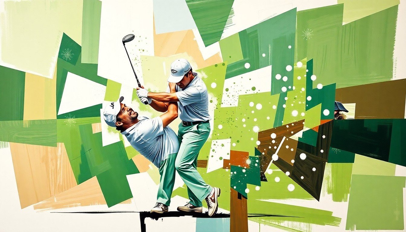 A cubist-style painting depicting Sergio Garcia's golf swing and club smashing in a fragmented, geometric manner, using overlapping planes of vibrant green, brown, and white colors to capture the raw emotion of the incident.