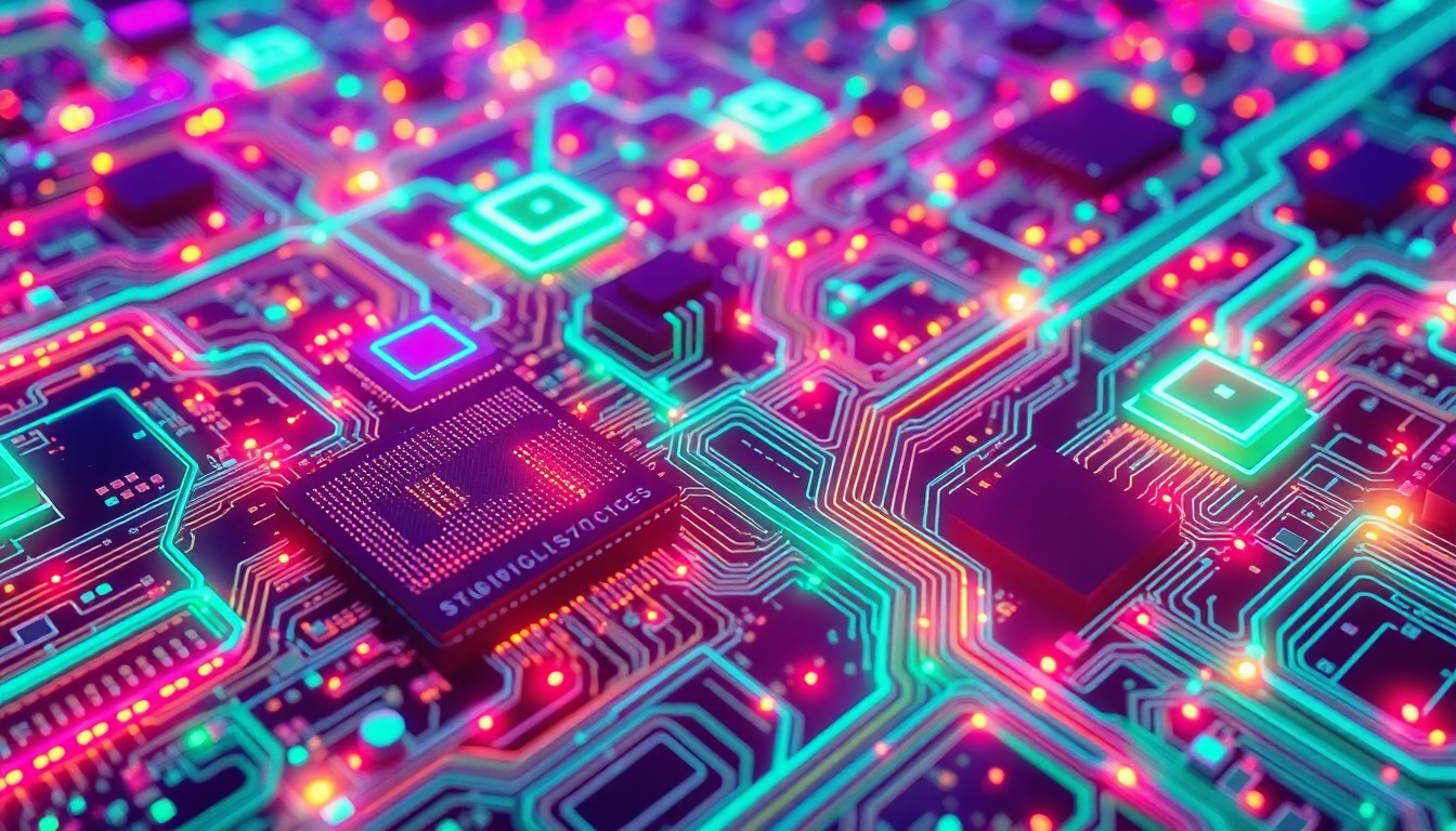 A highly detailed, glowing 3D illustration of a complex network of interconnected circuits, microchips, and fiber optic cables, representing the intricate digital infrastructure powering modern artificial intelligence systems. The various technological elements are illuminated from within, conveying a sense of energy and dynamism.