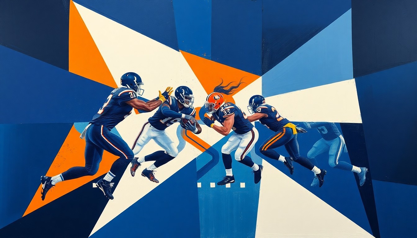 A fractured, cubist-style painting depicting a football defensive play, with sharp geometric shapes in navy blue, orange, and white representing the players and action on the field.