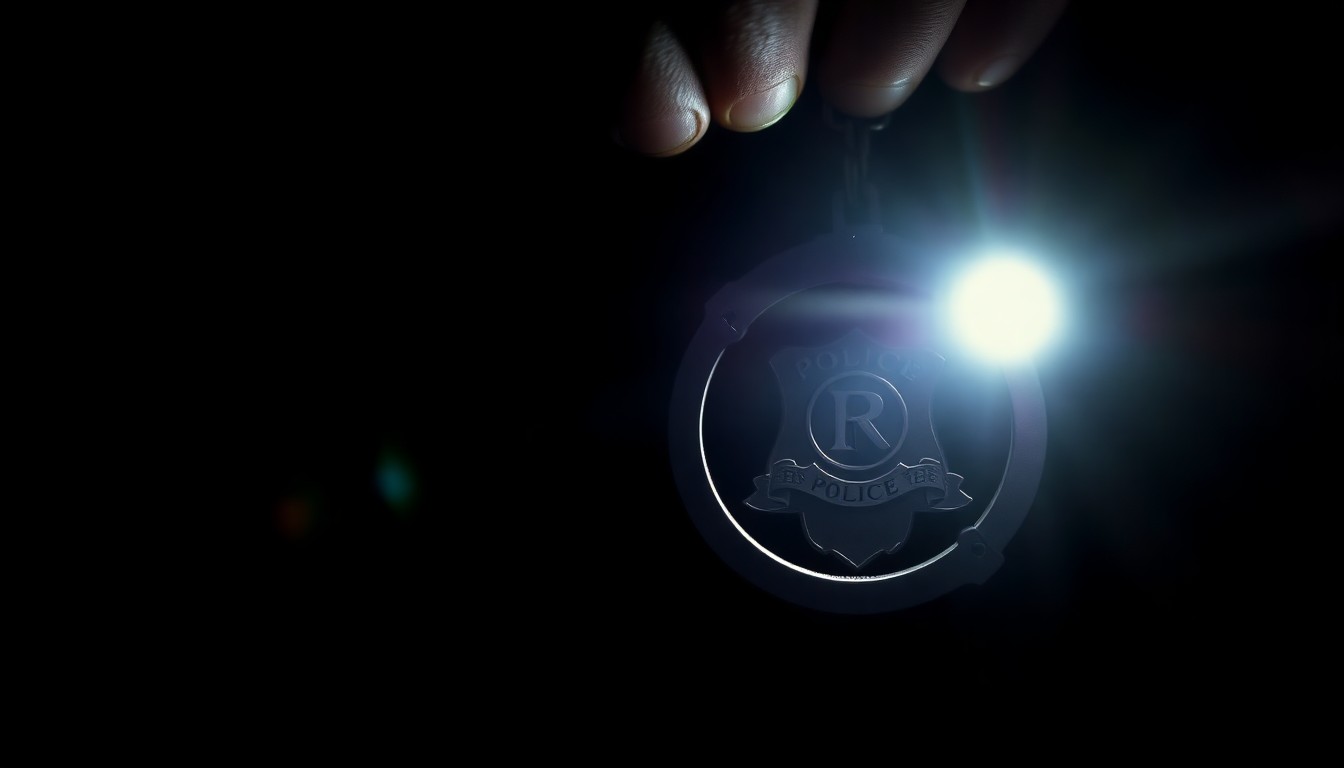 An extreme close-up photograph of a police officer's badge or handcuffs, lit by a harsh, direct camera flash against a pitch-black background, creating a stark, gritty, investigative aesthetic.