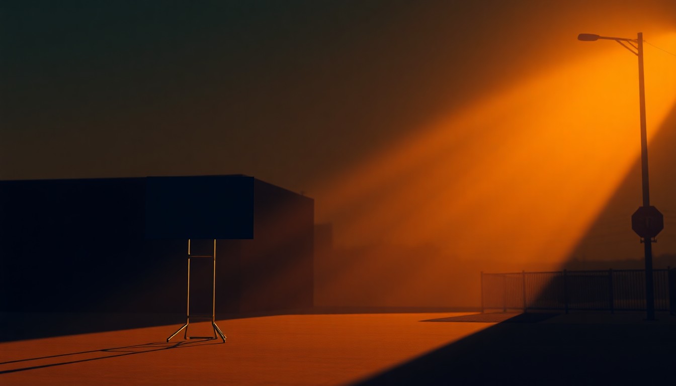 A serene, cinematic painting depicting a lone campaign sign or podium set against a backdrop of warm, angled sunlight and deep shadows, conveying the contemplative mood of Hinojosa's outreach to voters in Beaumont.