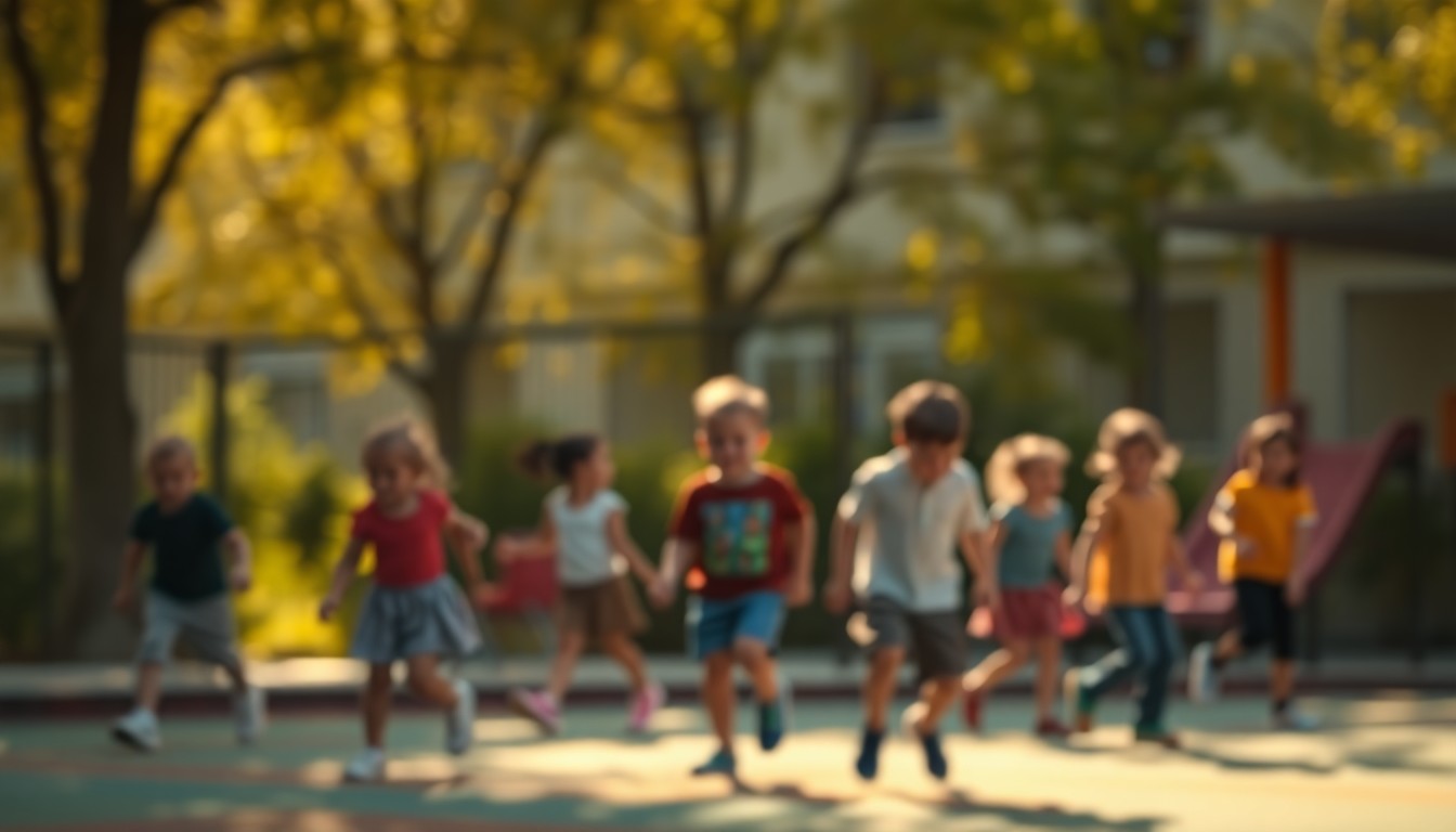 An abstract, impressionistic scene of a school playground, with blurred figures of children playing and vibrant washes of warm, golden light creating a sense of nostalgia and community.