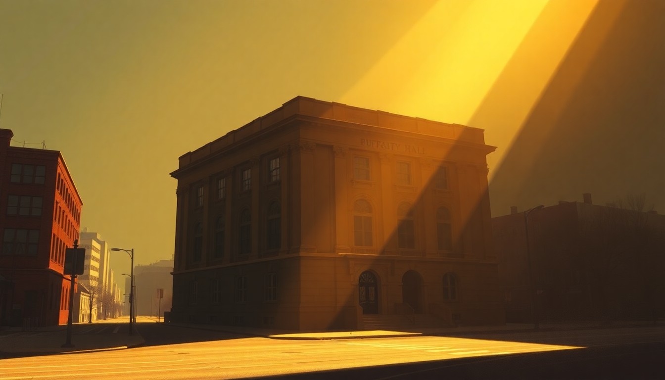 A photorealistic painting of the Buffalo City Hall building, with warm sunlight casting long shadows across the facade and surrounding grounds, conveying a sense of civic gravity and political tension.