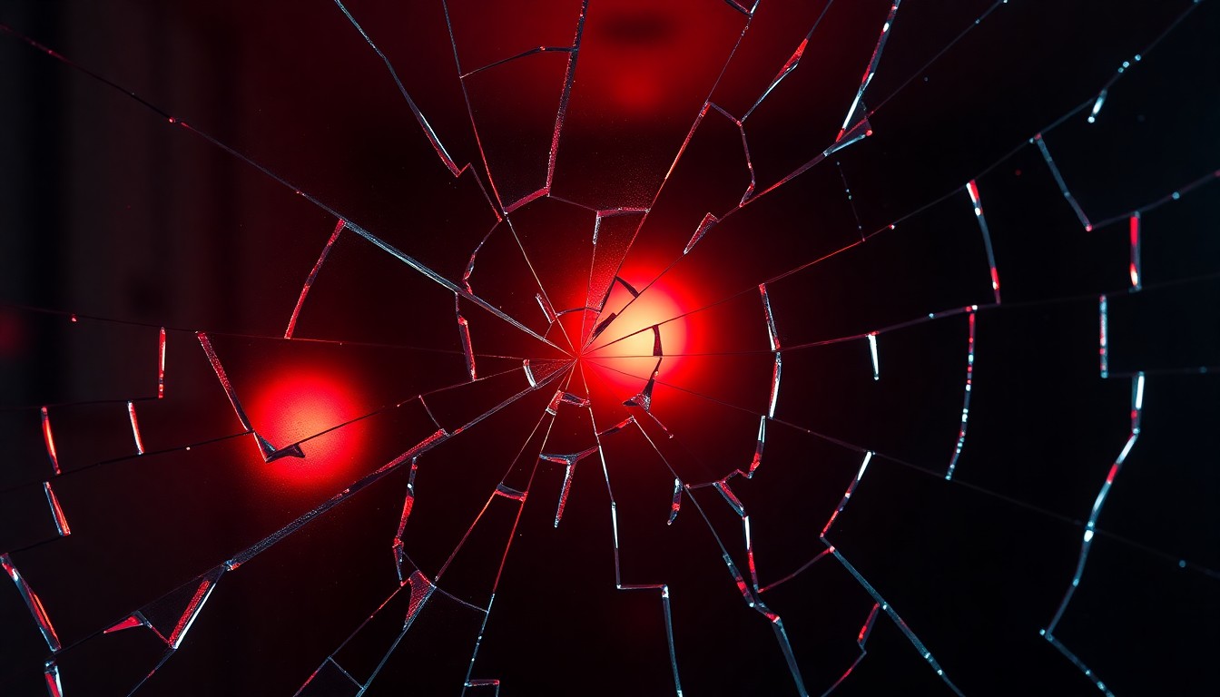 An abstract close-up photograph of shattered glass reflecting a faint red light, conveying the high-stakes legal drama and privacy violations surrounding the personal lives of reality TV celebrities.
