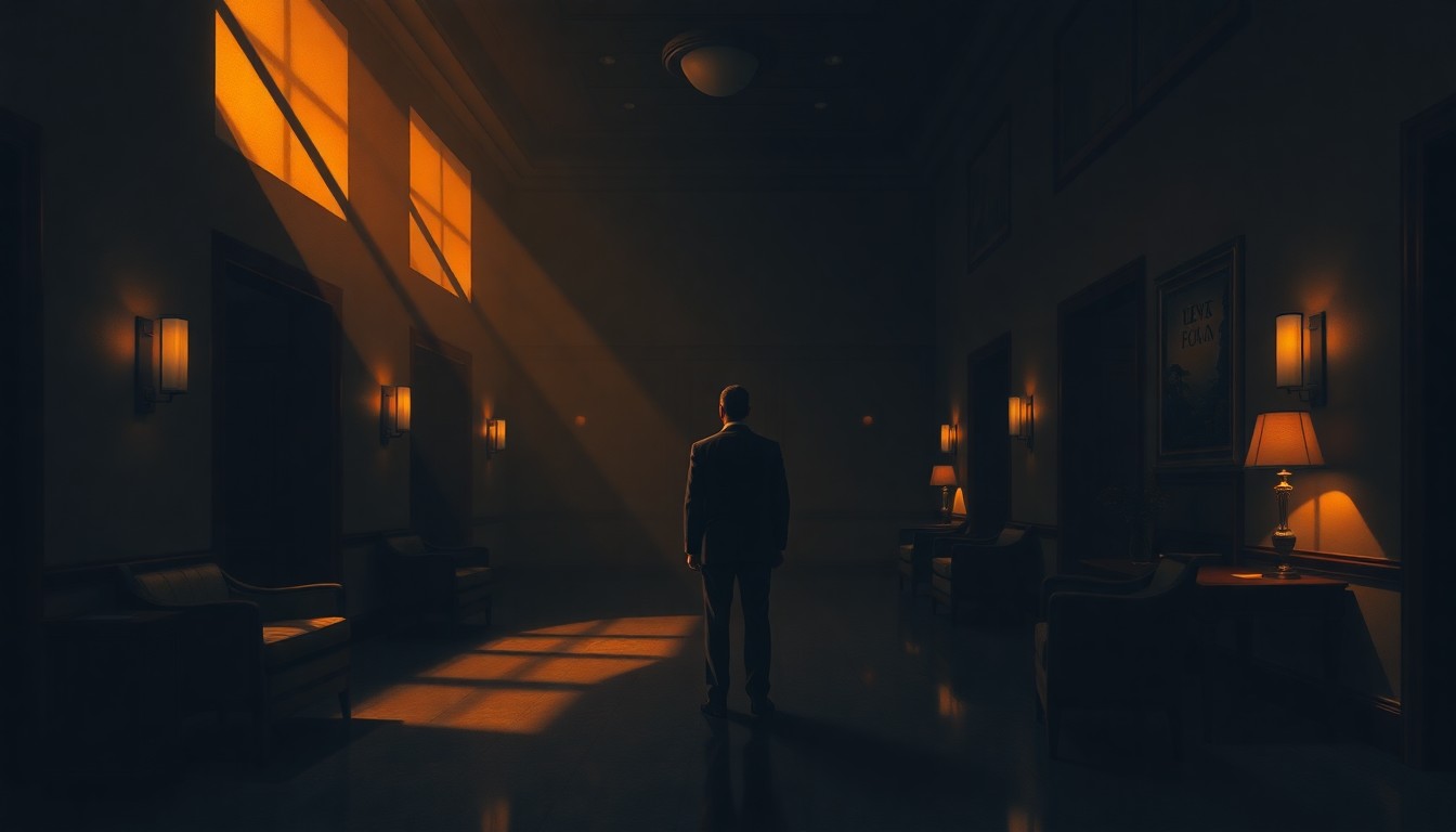 A dimly lit hotel lobby scene with a solitary figure standing alone, the space bathed in warm, diagonal sunlight and deep shadows, conceptually representing a political figure discussing policy in a private setting.