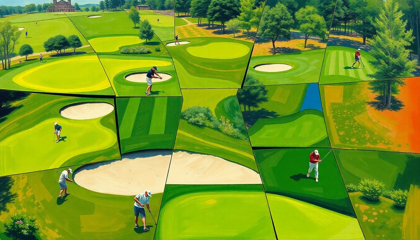 A fragmented, geometric painting depicting the various elements of a college golf tournament, including fairways, sand traps, and golfers in motion, rendered in an abstract cubist style.